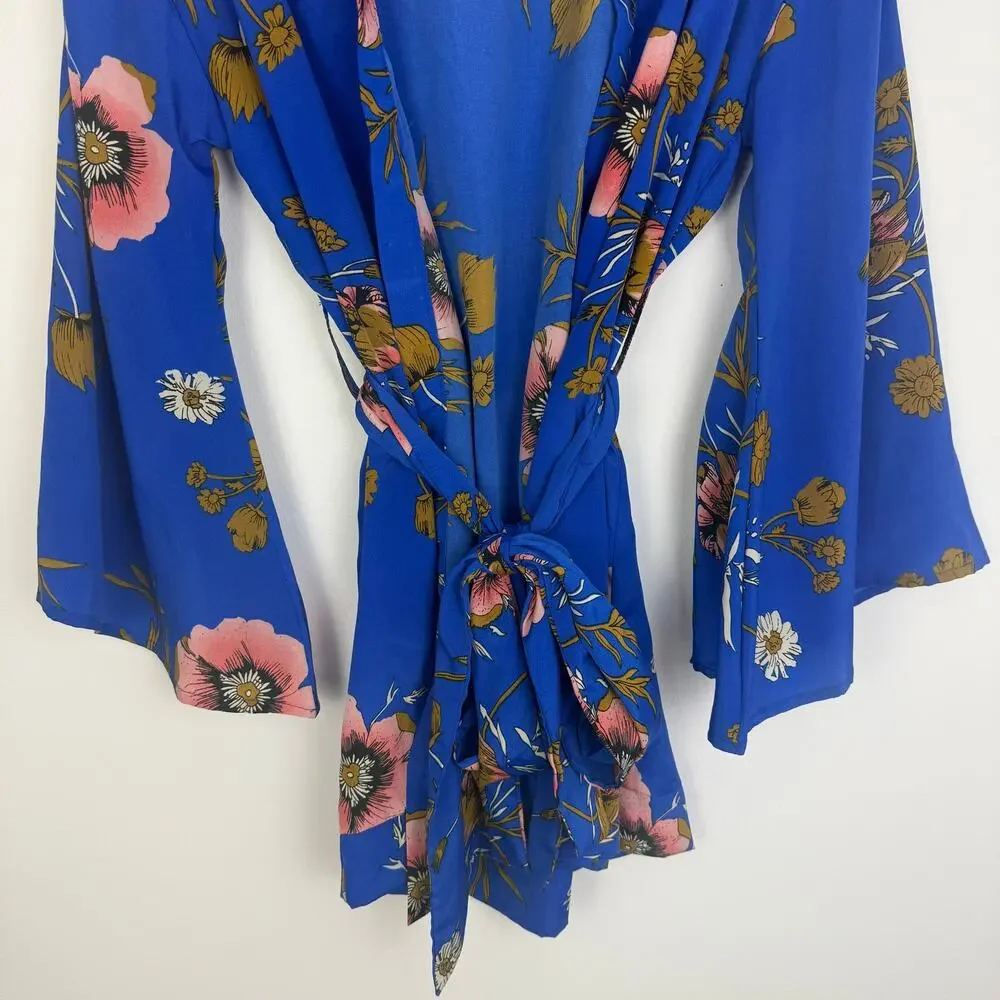 Wet Seal Womens Kimono Sleeve Floral Blue/Pink Cardigan Loungewear Robe OSFA